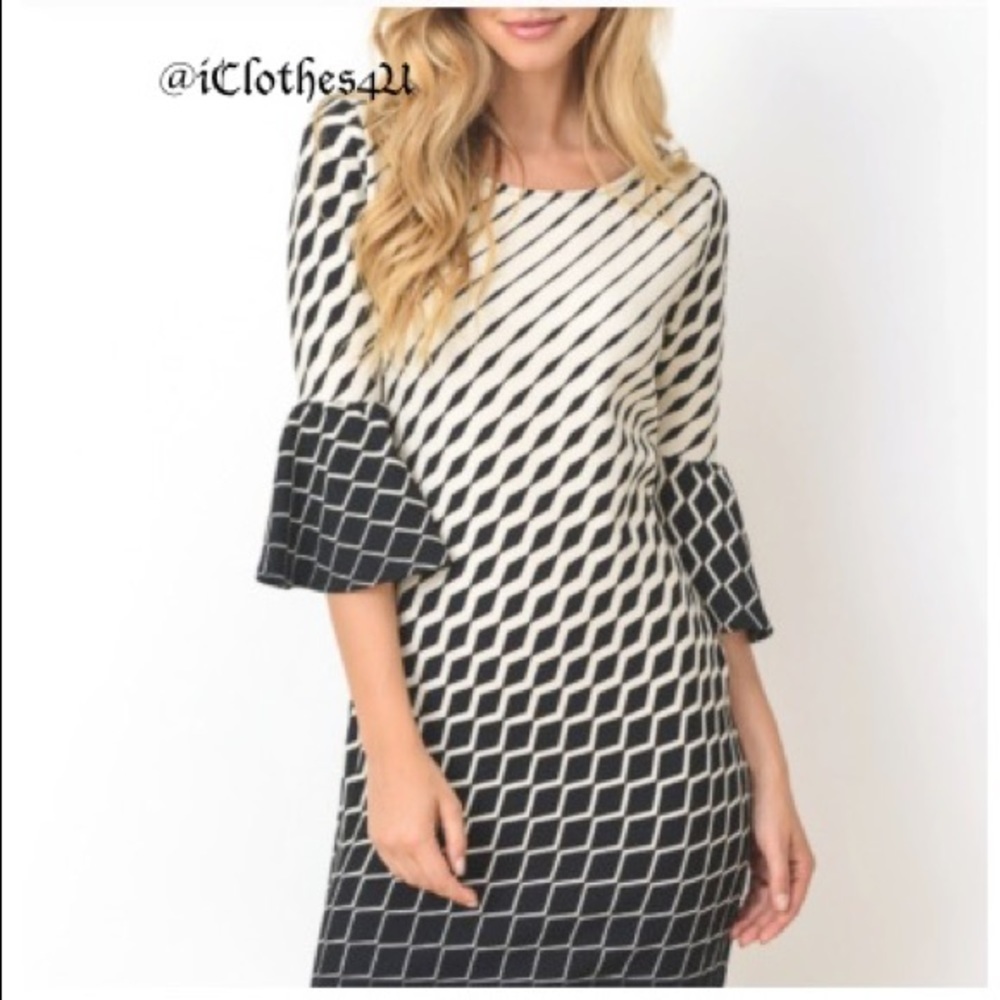 Cocktail Dress in Geometric Print Features Bell Sleeves Only 2 Left Size Small
